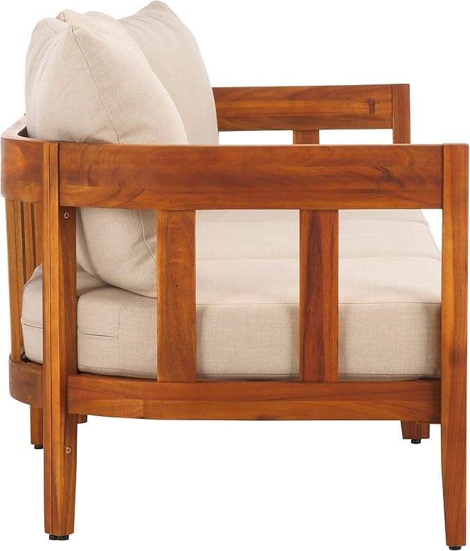 SAFAVIEH Outdoor Collection Owen Acacia Solid Wood Natural/Taupe Cushion 3-Seater Sofa SAFAVIEH