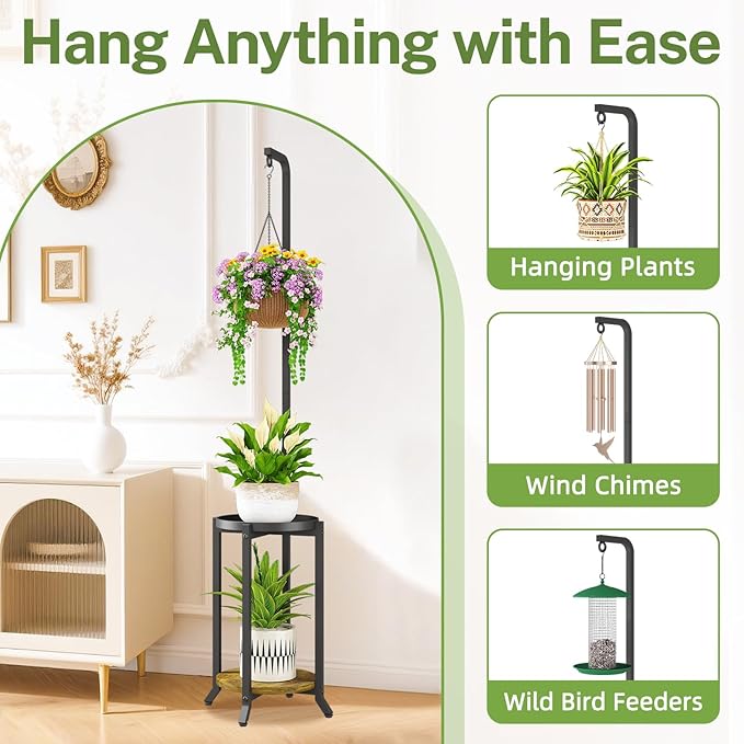 iDavosic.ly 2 Tier Hanging Plant Stand Indoor, Tall Vertical Corner Metal Flower Heavy Duty Pot Holder Shelf for Patio Porch Living Room, Modern Black & Rustic Brown - Round iDavosicly