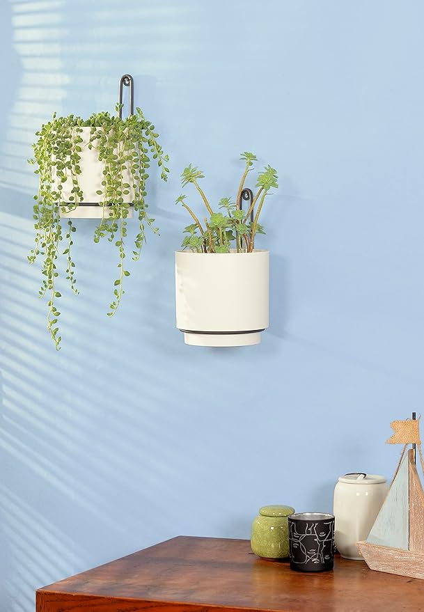 2 Pcs Wall Mounted Hanging Planter Vase for Indoor and Outdoor Plants Modern Metal Wall and Ceiling Planter Minimalist Flower Pot (White, 5.91 inch) CISEANOL