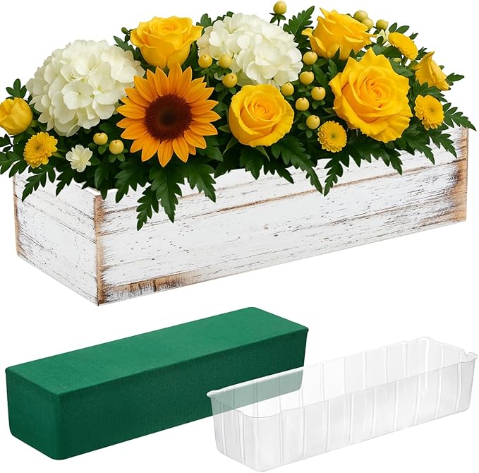 Dandat 1 Set Wood Boxes for Centerpieces 12x4 Inch Rectangle Wooden Planter Box Rustic Wooden Planters with Removable Plastic Liner Floral Foam Blocks for Christmas Wedding Home Garden Decor(White) Dandat