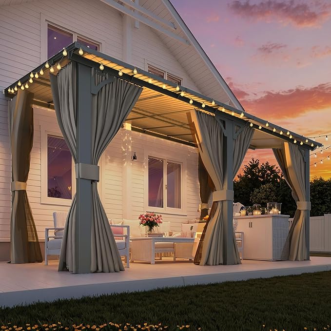 AECOJOY 14' x 8' Gazebo Outdoor Pergola, Hard Top Lean to 8x14 Gazebo with Curtains and Netting, Pergolas and Gazebos Clearance with Patio Roof, Large Wall-Mounted Heavy Duty Awnings for Patio, Decks AECOJOY
