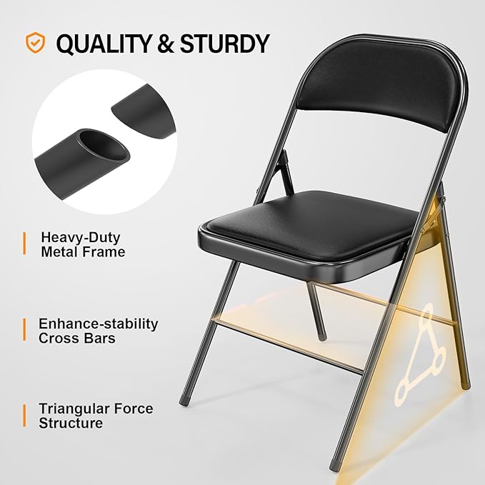 VINGLI 10 Pack Folding Chairs with Padded Seats, Metal Frame with Pu Leather Seat & Back, Capacity 350 lbs, Black VINGLI