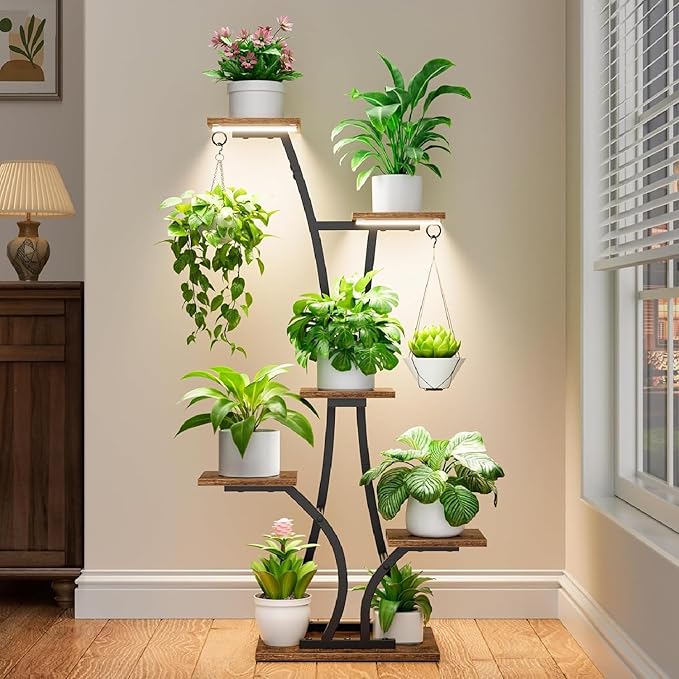 Plant Stand with Grow Light for Indoor Plants, 6 Tiered Metal Plant Shelf, 45" Indoor Plant Rack with 7 Shelves and 2 Hooks, Modern Corner Plant Holder for Living Room Balcony Bedroom, Black Rootora