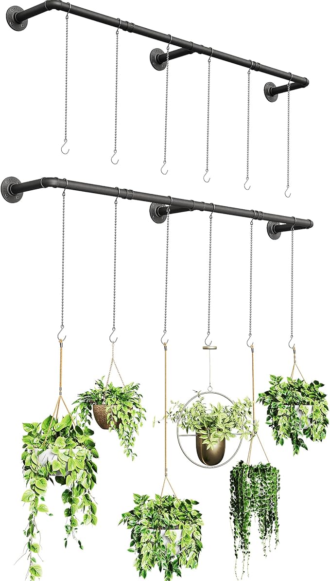 Plant Haning Rod, 2 Pack Hanging Planters for Indoor Plants with 6 Chains, Wall Plant Hanging Bar for Window Celling, 65.7 Inch, Metal Black, Pots Not Included SOFITORG