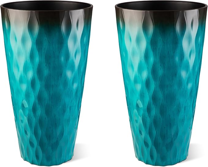 Glitzhome 23.75" H Oversized Tall Planter, Set of 2 Wavy Texture Turquoise Large Planters for Outdoor Plants, with Drainage Hole, Plastic Large Flower Pots for Porch,Garden, Patio or Indoor Use Glitzhome