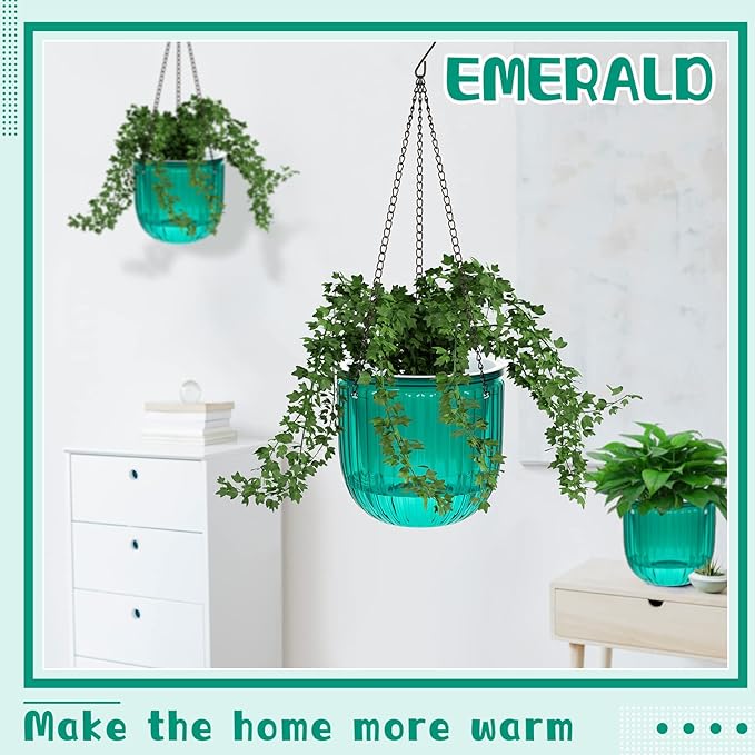 Meanplan 4 Pcs Self Watering Hanging Planter Indoor 6.5 Inch Hanging Baskets for Plants Outdoor Plastic Flower Pot with 3 Hooks Chains Drainage Holes for Garden Home, Medium Size(Emerald) Meanplan