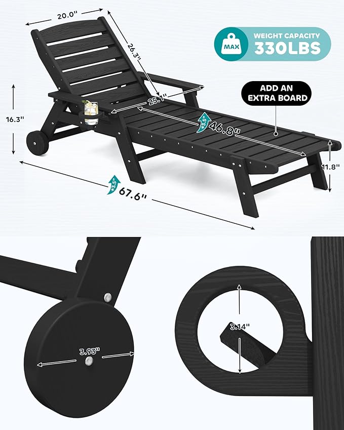 SERWALL Patio Chaise Lounge Chair Set of 6, 5 Positions Adjustable Poly Outdoor Lounger for Pool, HDPE Lounge Chair with Rolling Wheels & Cup Holder for Poolside, Deck, Obsidian Black SERWALL