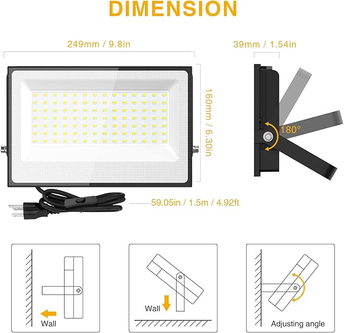 Onforu 120W Flood Lights Outdoor, 12000lm Bright LED Work Light with Plug, 6500K Daylight White LED Flood Lighting, IP66 Waterproof Security Yard Lights for Yard Garage Stadium 2 Pack Onforu