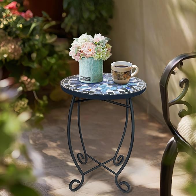 LIFFY Outdoor Side Table,12" Round Ceramic Tile Tabletop Accent Table with Metal Frame, Indoor Small Decorative Plant Stand & End Table for Home, Patio, Garden LiffyArt