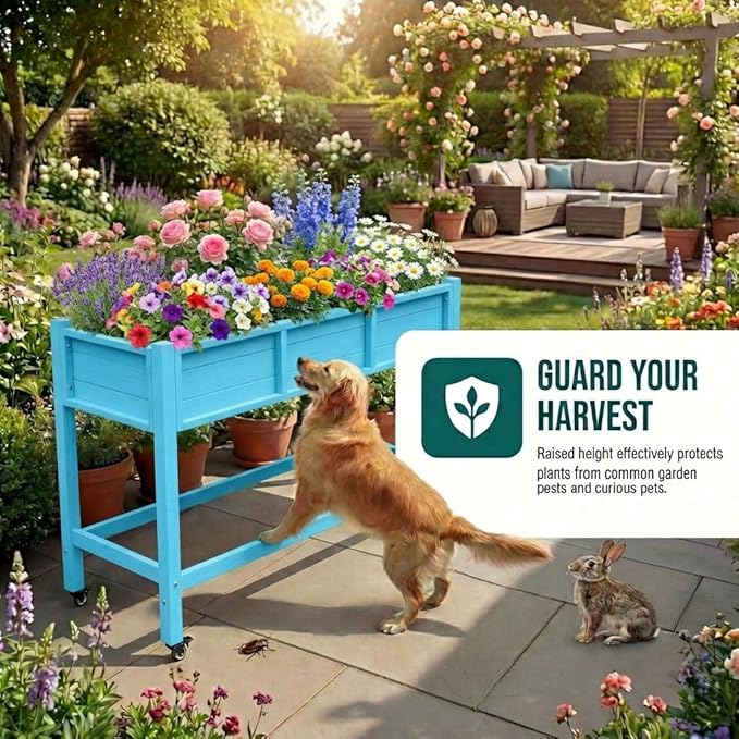 YITAHOME Raised Garden Bed HDPE, 47x18x31In Raised Flower Bed Poly-Wood Weather-Resistant Elevated Planter Box with Lockable Wheels for Vegetables, Aruba Blue YITAHOME