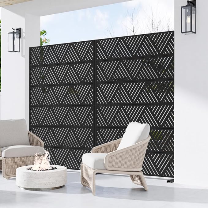 Casaphoria Metal Privacy Screen Outdoor, 72" H x 47" W Freestanding Decorative Privacy Screen for Patio Deck Balcony Garden with Stable Base, Triangular Black Casaphoria