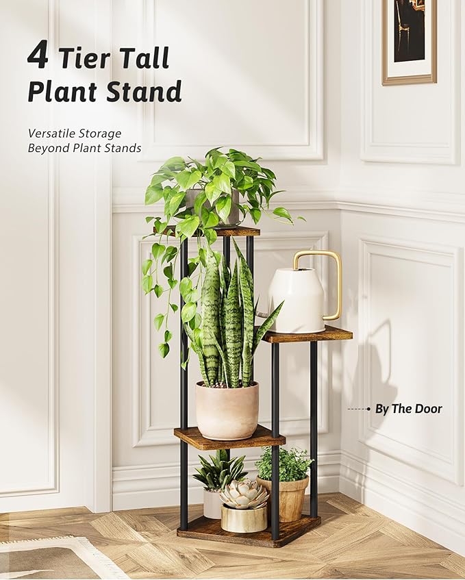 Tall Plant Stand Indoor 4 Tiered Plant Shelf for Multiple Plants Coner Shelf Stand Wood Plant Stand Metal Shelving for Living Room Bedroom Balcony Patio Brown Oak Gentingbro
