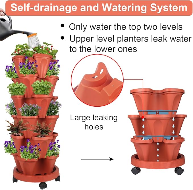 GameXcel Vertical Planter 6 Tier Stackable Planters Garden Planters Strawberry Herb Flower and Vegetable Planter Indoor Outdoor Gardening Pots with Removable Wheels and Tools GameXcel