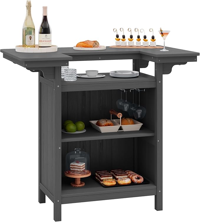 SERWALL Outdoor Bar Table,Patio Bar Cabinet with 4-Tier Storage and Spacious Tabletop for Outside,Poolside, Backyard,Made of HDPE,Gray SERWALL