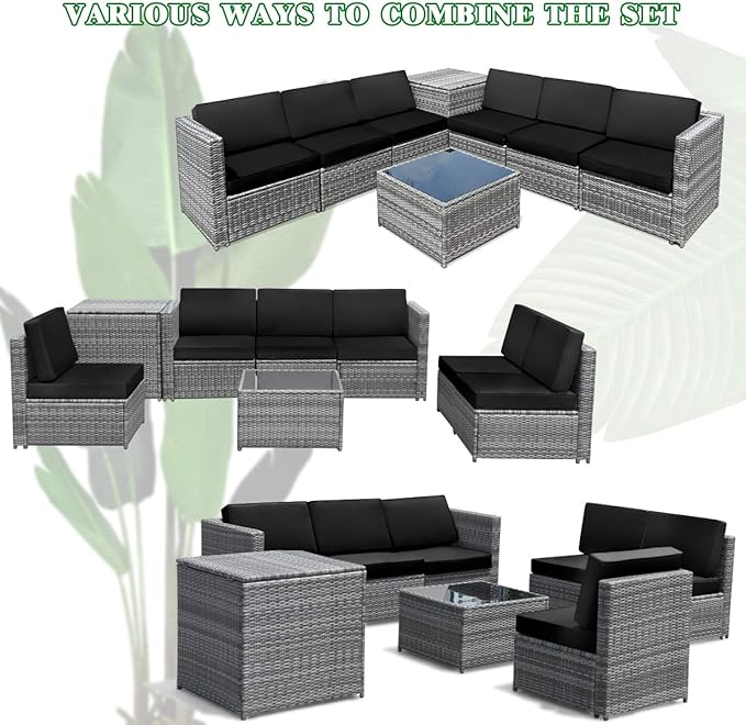Tangkula 8 Pieces Wicker Patio Furniture Set with Storage Deck Box, PE Rattan Outdoor Sectional Sofa Conversation Set with Coffee Table & Cushions, Outside Furniture for Garden Yard Poolside (Black) TANGKULA