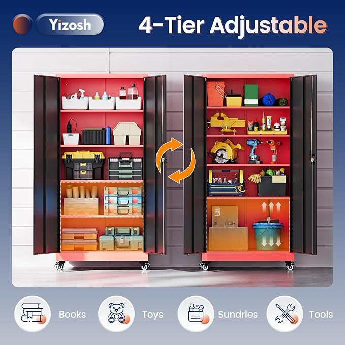 Yizosh Metal Garage Storage Cabinet with Locking Doors and Adjustable Shelves,- 75" Rolling Steel Tool Cabinet for Home Office,Garage,Warehouse Yizosh