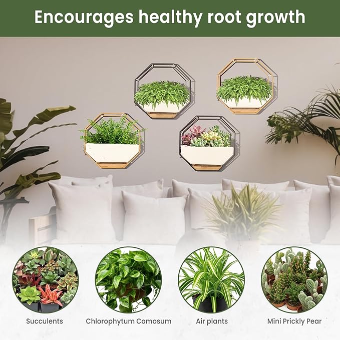 IRYL Wall Planter for Indoor Plants - Ceramic Wall Hanging Planter Set with Bamboo Tray & Hooks - Decorative Wall Plant Holder - Modern Wall Planters for Vertical Garden Home Decor - Golden Rootora
