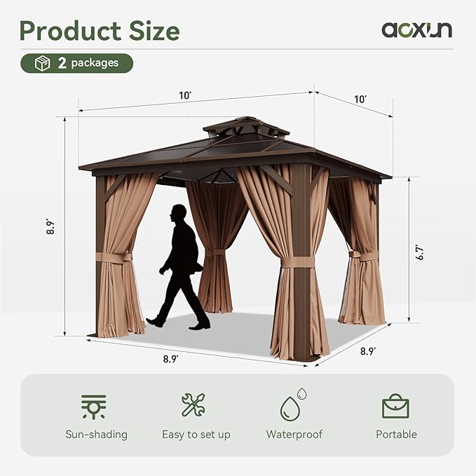 Aoxun 10'x10' Hardtop Gazebo, Outdoor Polycarbonate Double Top Canopy, Aluminum Frame Gazebo with Netting and Curtains, Sunshade for Patios, Gardens, Lawns Aoxun