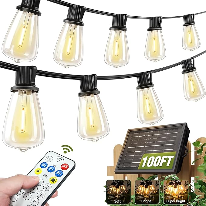 100FT Solar String Lights Outdoor Waterproof with Remote & Timer, LED Shatterproof ST38 Bulbs, USB & Solar Powered Patio Lights for Backyard, Porch, Garden, Wedding, Christmas Decor SkoiucLights