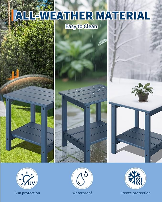 GarveeLife Adirondack Outdoor Side Table 18 x 15 in, HDPE 2-Tier Patio Side Tables for Outside, All-Weather End Table for Patio Pool Deck Indoor Backyard, Navy Blue-2Pcs GarveeLife