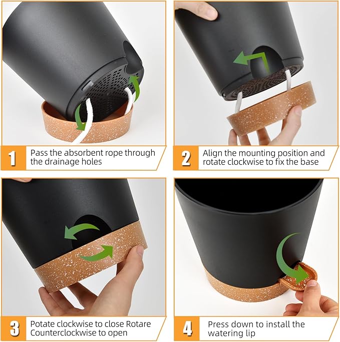 Planters for Indoor Plants 7/6.5/6/5.5/5 Inch, Self Watering Flower Pots with Drainage Holes and Saucers 5 Pack Plastic Pots for Plants, Succulents, Herbs, Cactus, Flower, Black Vanslogreen