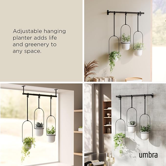 Umbra Triflora Hanging Planter for Window, Indoor Herb Garden, Set of 3, White/Black Umbra