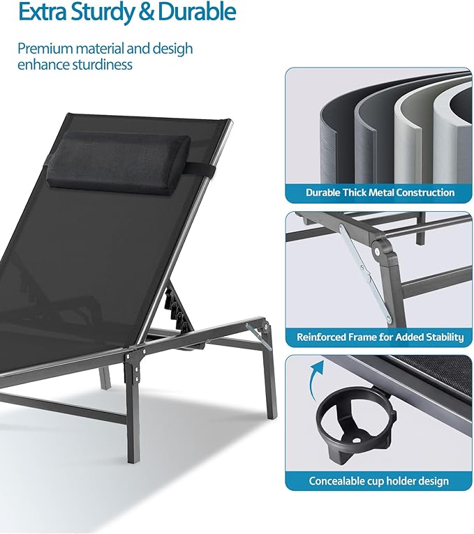 2 Pack Foldable Chaise Lounge Chair with Cup Holder, Assemble-Free Outdoor Lounge Chair with Detachable Pillow and 6 Adjustable Backrest, Patio Lounge Chair for Outside Poolside Beach Pool, Black HOMELYM