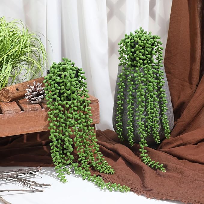 Floweroyal 2pcs Fake Hanging Plants Fake Potted String of Pearls Succulent Plants Small Faux Plants for Indoor Outdoor Shelf Wall Decor FloweroyalCrafts