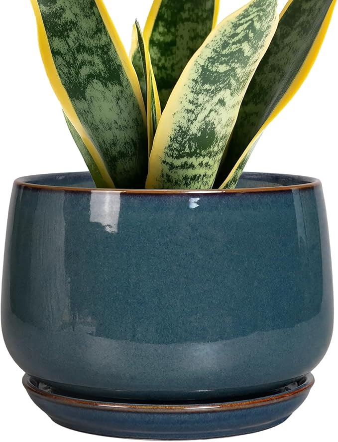 G EPGardening Ceramic Pot for Plants - Modern 7 Inch Round Planter with Drainage and Tray Indoor Outdoor for Flower, Porch Decor, Gardening Gifts, Retro Blue GEPGardening