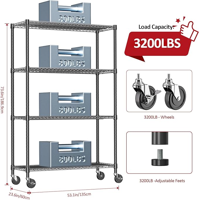IZEUK Garage Shelving Wide Storage Shelves 4 Tier Metal Shelves 3200 LBS Heavy Duty Adjustable Utility Shelf Rack Black 23.6" D x 53.1" W x 73.6" H IZEUK