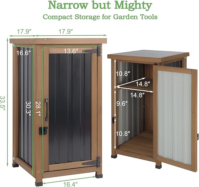 Small Outdoor Storage Cabinet Waterproof with Metal Top, Wood & Metal Outside Potting Bench Table Tool Organizer with Adjustable Shelf for Patio Backyard Garden PETSCOSSET