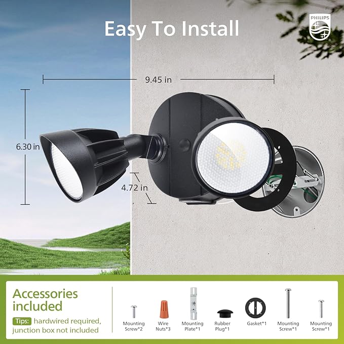 Philips Dusk to Dawn 44W 3500LM LED Security Flood Lights Outdoor, 5000K Daylight, Wet Location, Dual Adjustable Heads Aluminum Wall Light for Yard Garage Porch PhilipsLightingLED