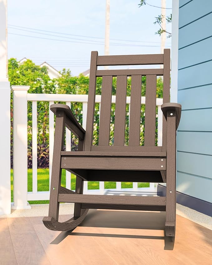 SERWALL Oversized Rocking Chair, Outdoor Rocking Chair for Adults, All Weather Resistant Porch Rocker for Lawn Garden, Brown SERWALL