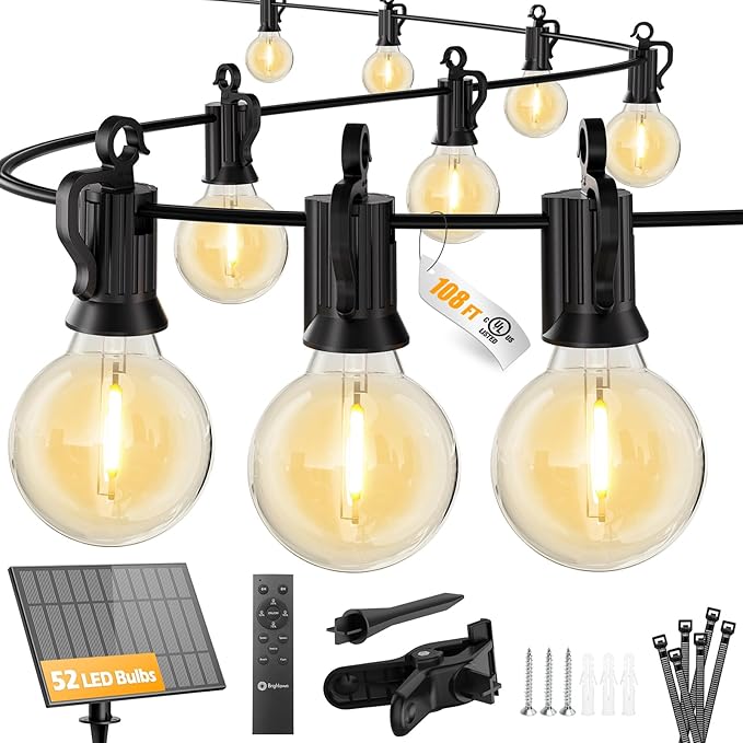 Brightown 108FT 52 LED Solar String Lights Outdoor with Remote & USB Port, Shatterproof Bulbs, Dimmable & Timable, 3 Light Modes, Patio Lights Solar Powered for Camping Backyard Garden Decor Brightown