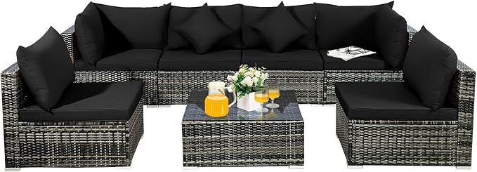 Tangkula 7 Pieces Patio Rattan Furniture Set, Patiojoy Outdoor Conversation Set with Cushions and Tempered Glass Coffee Table, All-Weather Sectional Sofa Set for Garden, Lawn, Backyard (Black) TANGKULA