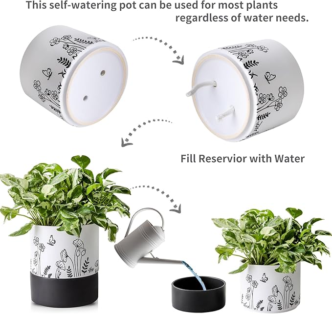 Nihow Self Watering Plant Pot: 6 Inch Ceramic Planter with Drainage Hole & Water Storage Plus for Indoor & Outdoor Plants - Cylinder Round Flower Pot for Succulent/Herbs/Violets -White Nihow
