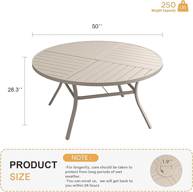 VICLLAX Round Patio Table with Adjustable Umbrella Hole for 6, All Weather Metal Outdoor Dining Table for Lawn Garden, 50" Outdoor Coffee Table, Cream Color Frame HOME
