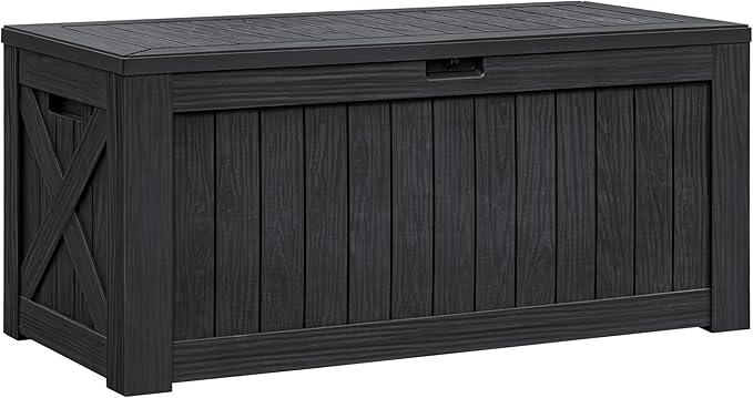 Flamaker Resin Deck Box 120 Gallon Waterproof Large Outdoor Indoor Storage Box Imitation Wood Resin for Patio Furniture Garden Tools and Pool (Black) Flamaker