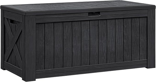 Flamaker Resin Deck Box 120 Gallon Waterproof Large Outdoor Indoor Storage Box Imitation Wood Resin for Patio Furniture Garden Tools and Pool (Black) Flamaker