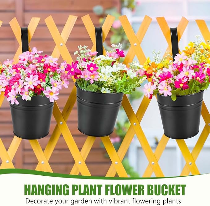 OBTANIM 12 Pack Metal Hanging Flower Pots Railing Planter Outdoor Fence Hanging Bucket Plant Holder with Detachable Hooks Drain Holes for Home Garden Yard Decor (Black, 4 x 4 Inch) OBTANIM