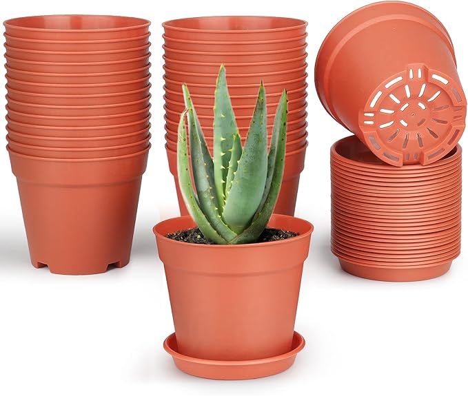 4 inch Small Plant Pots, 28 Pack Plastic Planters with Drainage Holes and Saucers for Flowers Plants, Succulents, Seed Starting Pots, Terracotta SwinDuck