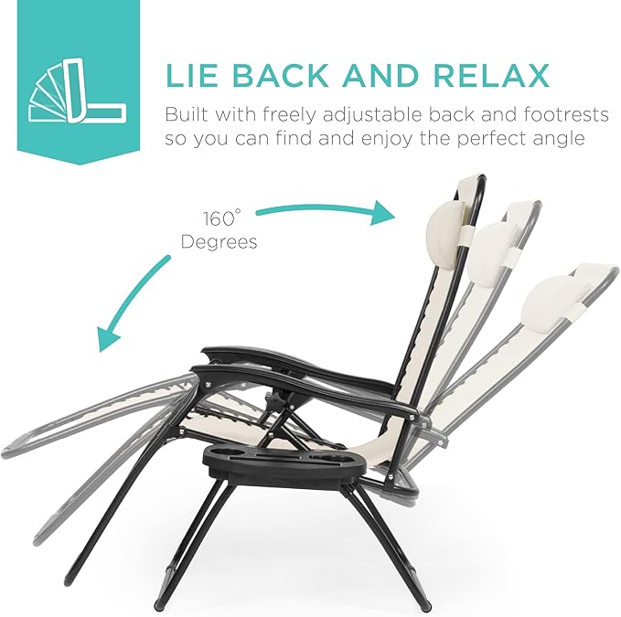 Best Choice Products Set of 2 Adjustable Steel Mesh Zero Gravity Lounge Chair Recliners w/Pillows and Cup Holder Trays - Ivory BestChoiceProducts