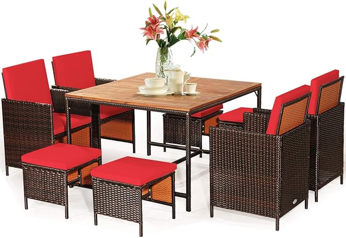 Tangkula 9 Pieces Acacia Wood Patio Dining Set, Space Saving Wicker Chairs and Wood Table with Umbrella Hole Outdoor Furniture Set, Suitable for Garden, Yard, Poolside, Outdoor Seating Set TANGKULA
