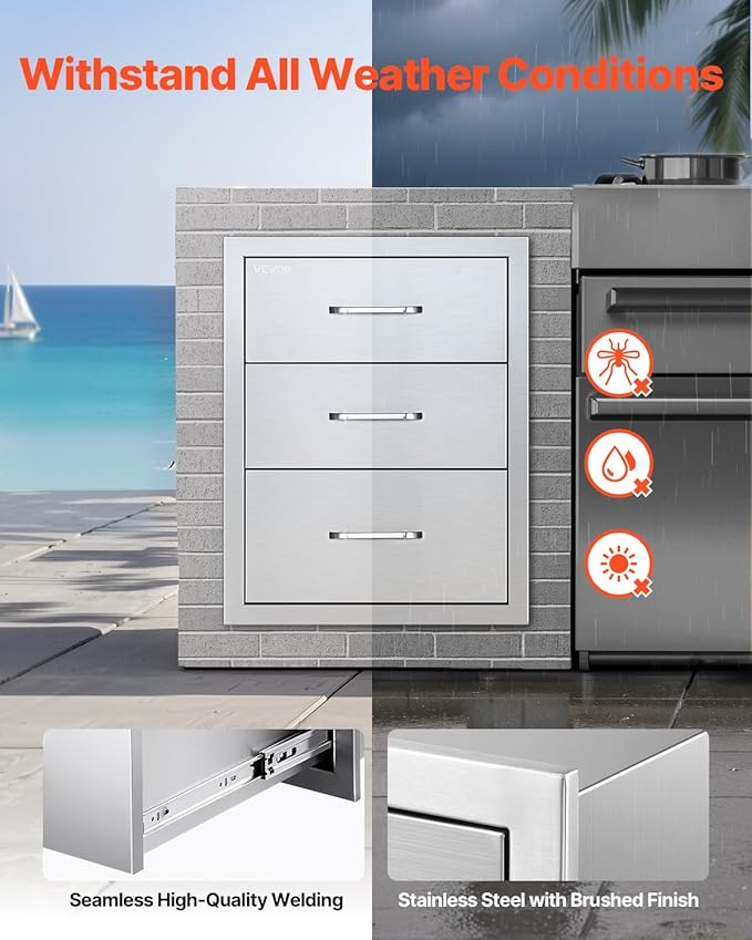 VEVOR Outdoor Kitchen Drawers 18.11" W x 23.23" D x 23.23" H, Triple-Access Stainless Steel Modular Drawer Cabinet with Handles, BBQ Island Drawer for Outdoor Kitchen or BBQ Island Patio Grill Station VEVOR