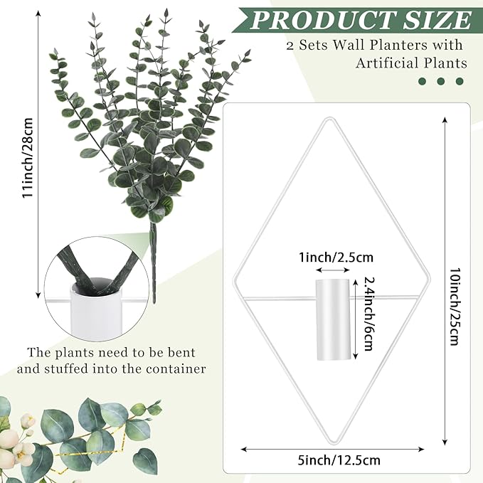 Jexine 8 Pcs Hanging Planters with Artificial Eucalyptus Metal Hanging Vase Indoor Plants Holder Modern Geometric Boho Bathroom Wall Decor for Living Room Home Office (Eucalyptus,White) Jexine