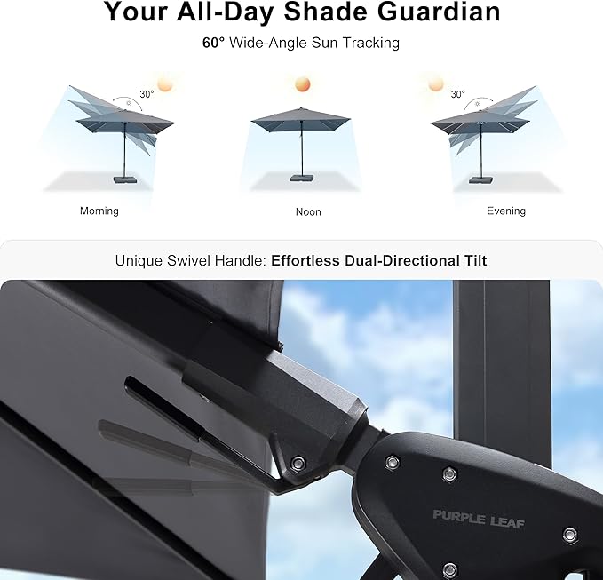 PURPLE LEAF 11.5' X 8.2' Tilting Patio Umbrella with Base Outdoor Cantilever Swivel Rectangle Umbrella Aluminum Offset Umbrella with 360-degree Rotation for Garden Deck Pool Patio Light Grey PURPLELEAF