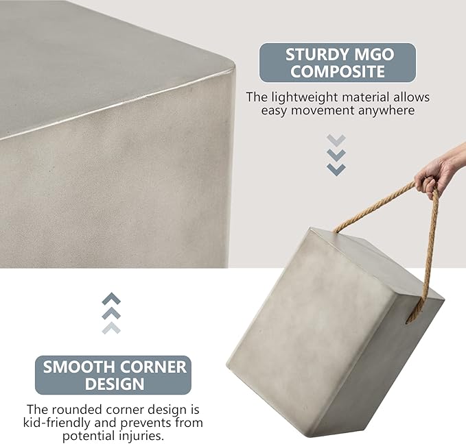 COSIEST Set of 2 Concrete Side Table, Rectangular Outdoor Side Table w Hemp Rope Handles,15''Patio Side Tables End Table, Outdoor Accent Side Table for Garden and Patio, Grey COSIEST