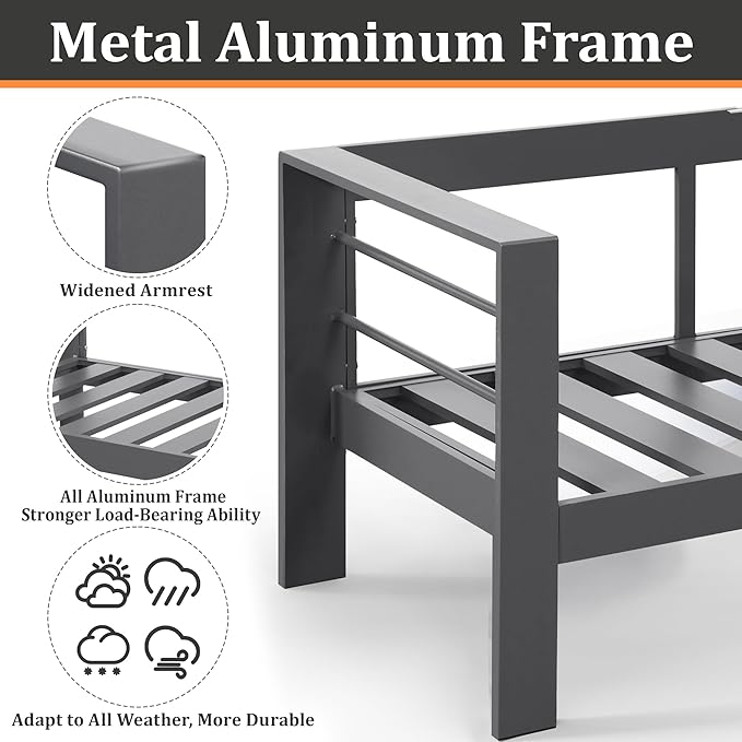 Kiss the Water Outdoor Patio Metal Furniture Chair, 2 PCS All-Weather Aluminum Outdoor Sofa with 5" Thick Soft Cushion and Wide Arm, Deep Seating Patio Couch for Balcony, Porch, Backyard KisstheWaterPatioTool