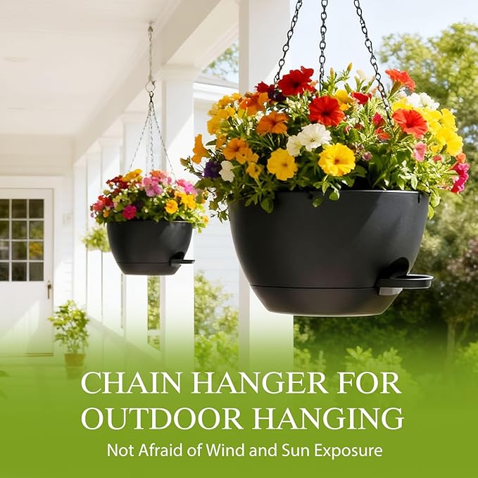 10 Inch Hanging Baskets 2 PC with Chains, Self-Watering Hanging Planters for Indoor Outdoor Plants, Plastic Hanging Flower Pots,Black SQKH