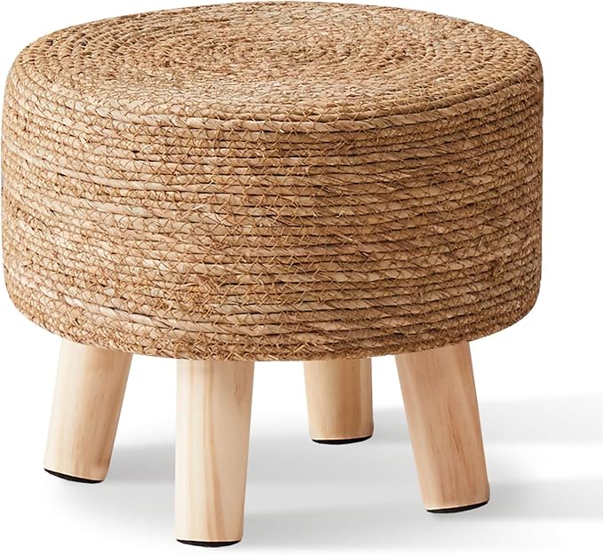 Cpintltr Foot Stool Natural Seagrass Hand Weave Poufs Round Ottoman for Couch Desk Soft Step Stool Padded Foot Rest with Non-Skid Pine Legs for Hallway Office Lounge Natural CpintltrFruniture